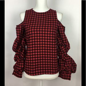 Chole & Katie Plaid Cold Shoulder Top